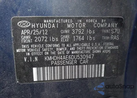 2013 Hyundai Elantra Gls/Limited z USA, uszkodzony, nr VIN KMHDH4AE6DU530947